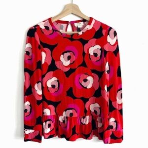 Kate Spade Deco Rose Floral Long Sleeve Peplum Blouse Top In Orient Red Size 0